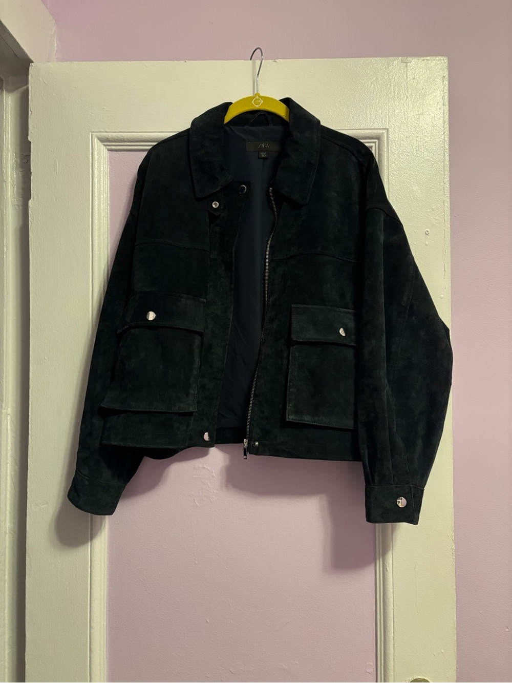 Zara Navy Blue Leather Bomber Jacket
